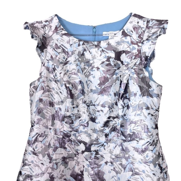 1901 Floral Ruffle Metallic Cocktail Mini Dress Ivory Blue-Gray Size 12 - Picture 3 of 9